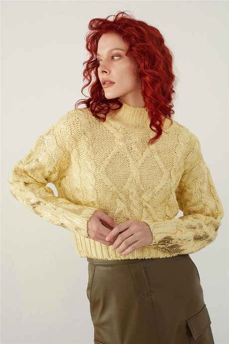 Yellow Funnel Neck Foil Printed Knitwear Sweater