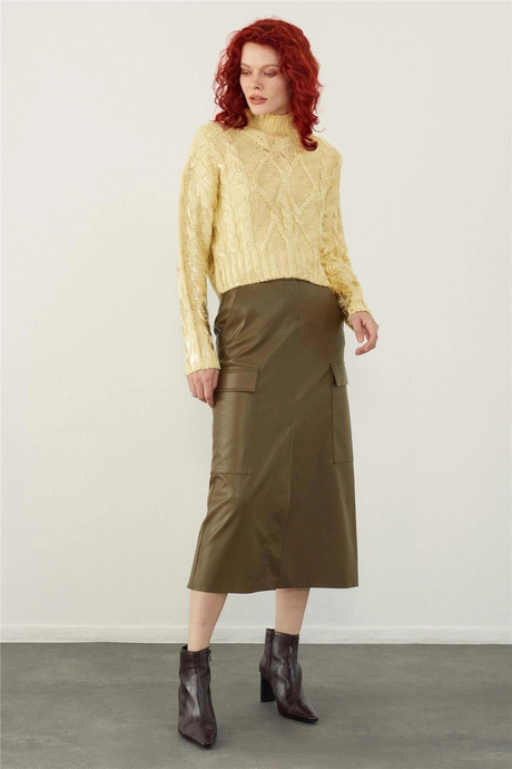 Yellow Funnel Neck Foil Printed Knitwear Sweater