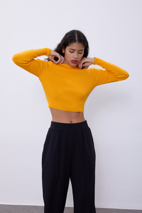 Sarı Yarım Balıkçı Yaka Sırt Dekolteli Triko Kazak SWK4445SR 