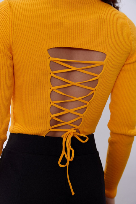 Sarı Yarım Balıkçı Yaka Sırt Dekolteli Triko Kazak SWK4445SR 