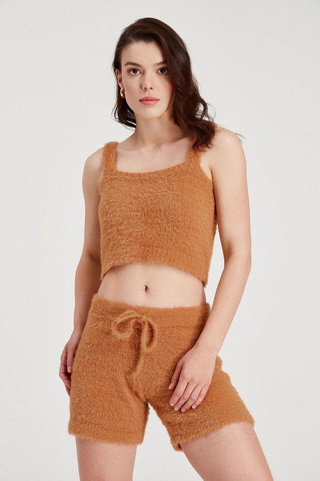 Sherin Kadın  Camel Yumuşak Dokulu Triko Atlet Şort Takım SWTK4154-59CA