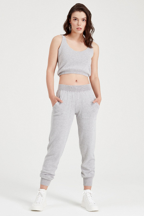 Sherin Kadın Açık Gri Cep Detaylı Triko Jogger Pantolon SWP4121GR