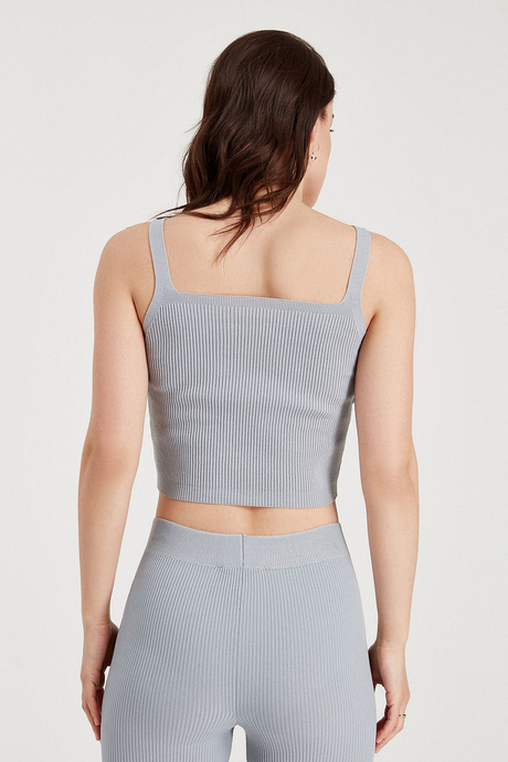 Sherin Kadın Gri Fitilli Kare Yaka İnce Askılı Triko Crop Atlet SWA4149GR