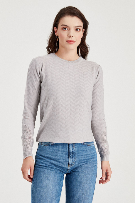 Sherin Kadın Gri Örgü Desen Basic Kazak SWK4013GR