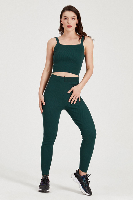 Sherin Kadın Haki Fitilli Kare Yaka İnce Askılı Triko Crop Atlet SWA4149HK