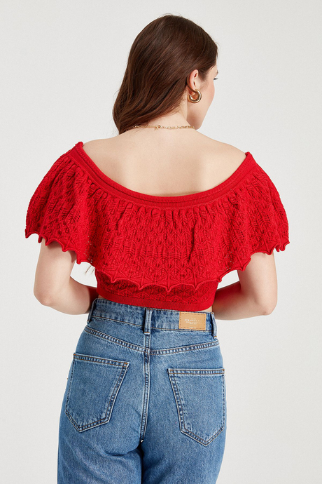Sherin Kadın Kırmızı Ajurlu Madonna Yakalı Triko Crop Atlet SWA4116KR