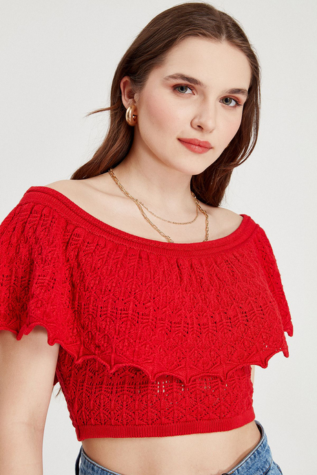 Sherin Kadın Kırmızı Ajurlu Madonna Yakalı Triko Crop Atlet SWA4116KR