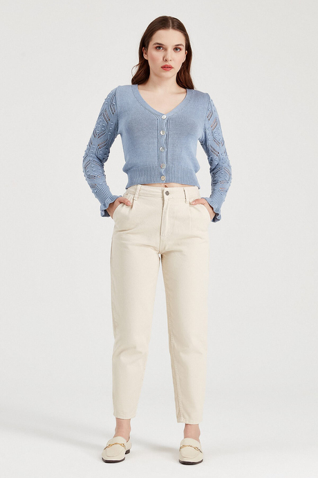 Sherin Kadın Krem Pile Detaylı Mom Kalıp Jean SWP8000KR