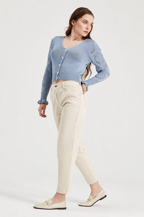 Sherin Kadın Krem Pile Detaylı Mom Kalıp Jean SWP8000KR