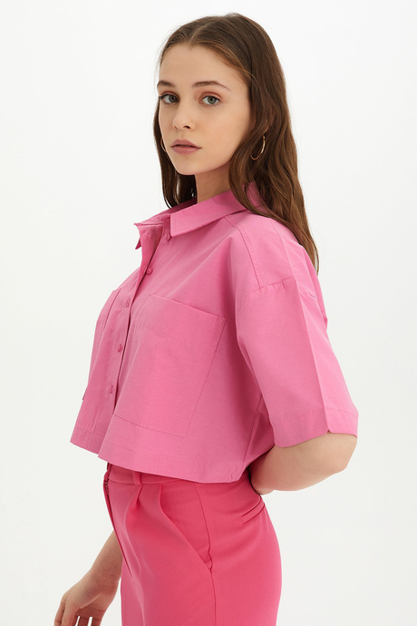 Sherin Kadın Pembe Kısa Kollu Crop Gömlek SWG4421PE