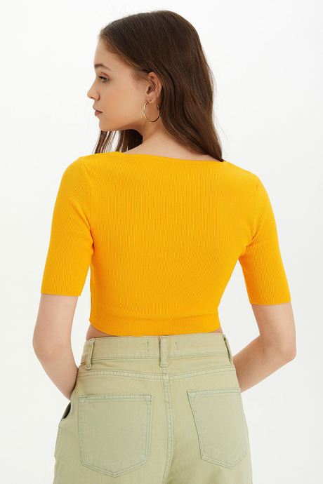 Sherin Kadın Sarı Kare Yaka Triko Crop SWK4384SR