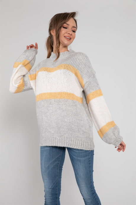 SHERIN KADIN SARI OVERSIZE ÇİZGİLİ KAZAK SWK2008SA