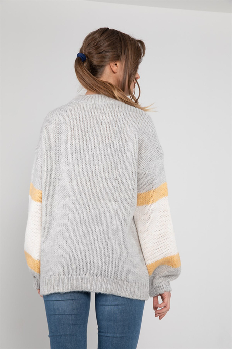 SHERIN KADIN SARI OVERSIZE ÇİZGİLİ KAZAK SWK2008SA