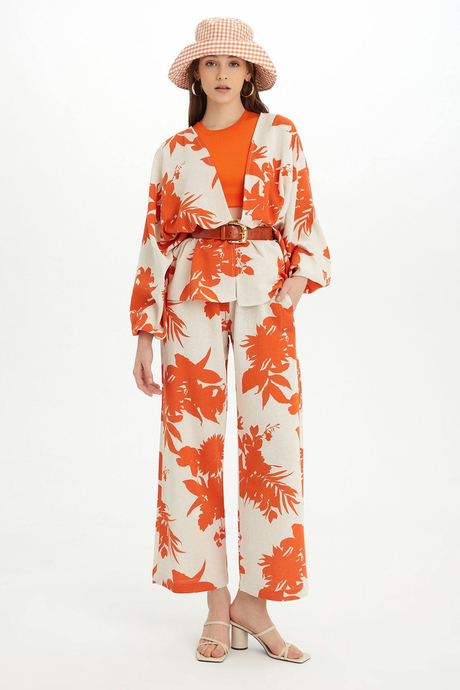 Sherin Kadın Turuncu Çiçek Desenli Kimono Pantolon Takım SWTK4415-4416TU