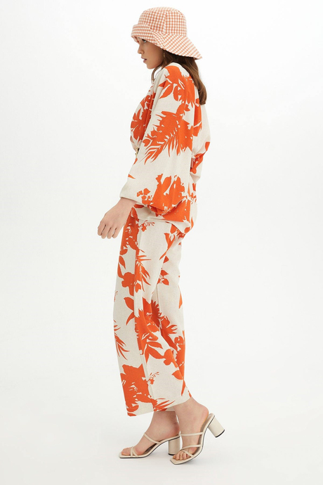 Sherin Kadın Turuncu Çiçek Desenli Kimono Pantolon Takım SWTK4415-4416TU