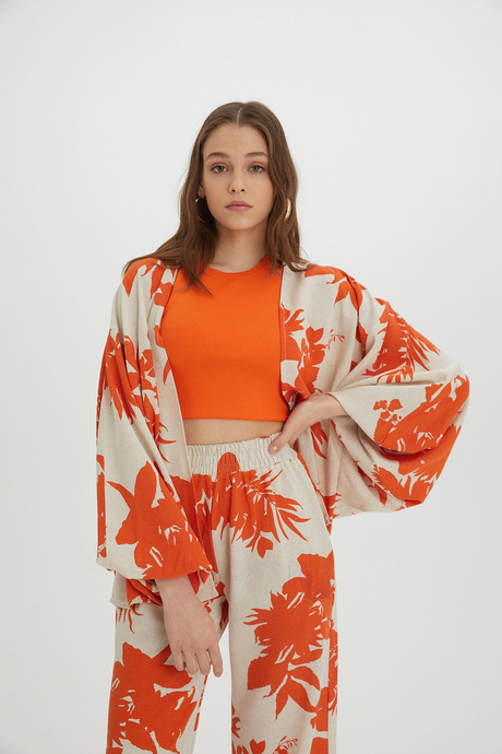 Sherin Kadın Turuncu Çiçek Desenli Kimono Pantolon Takım SWTK4415-4416TU