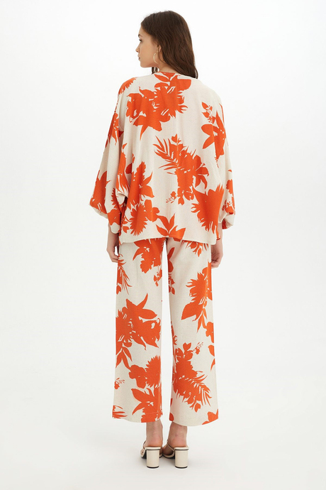 Sherin Kadın Turuncu Çiçek Desenli Kimono Pantolon Takım SWTK4415-4416TU