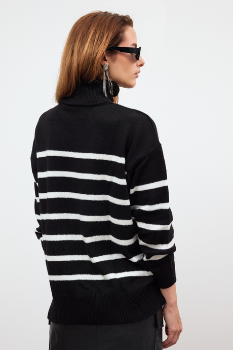 Black Turtle Neck Striped Basic Knitwear Sweater