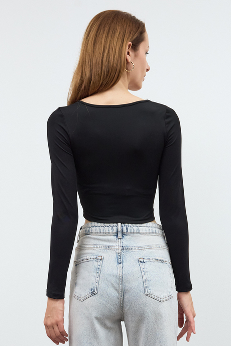 Siyah Basic Kare Yaka Crop Bluz