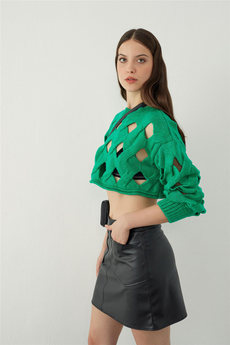 Cep detaylı deri görünümlü mini etek