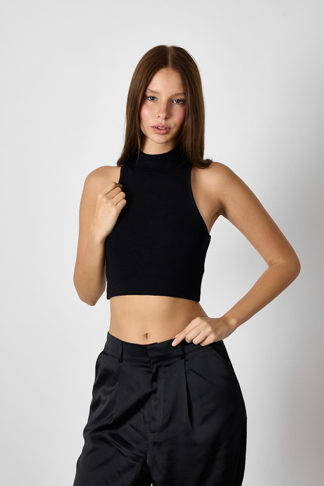 Siyah DİK YAKALI TRİKO CROP TOP