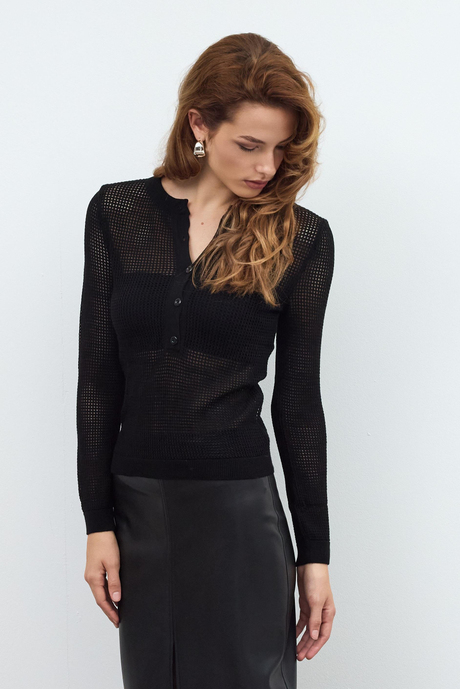 Button Detailed Mesh Knitted Sweater