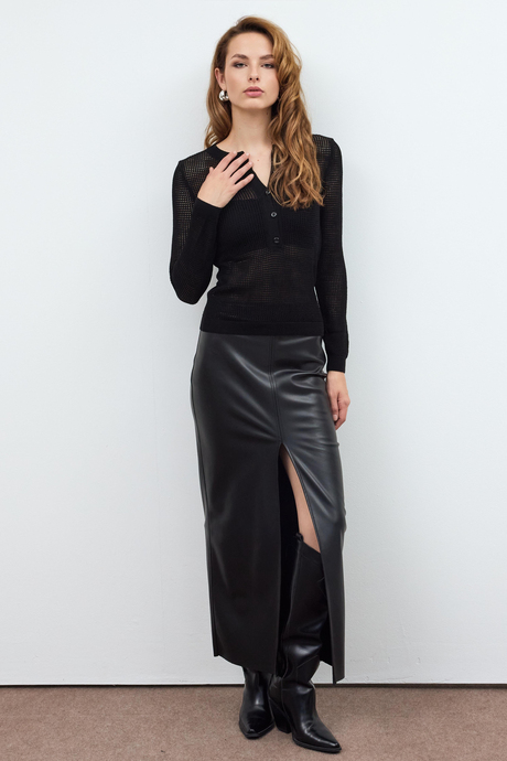 Button Detailed Mesh Knitted Sweater