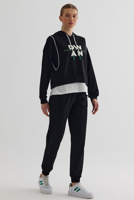 Siyah Kapüşonlu Sweatshirt Düz Jogger Takım SS23TK4697Sİ