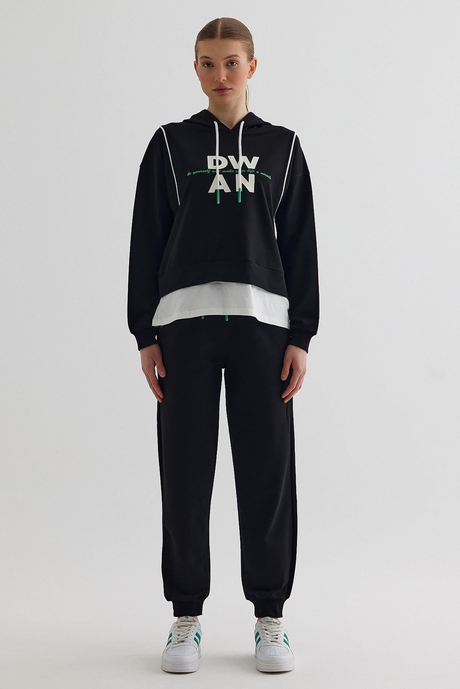 Siyah Kapüşonlu Sweatshirt Düz Jogger Takım SS23TK4697Sİ