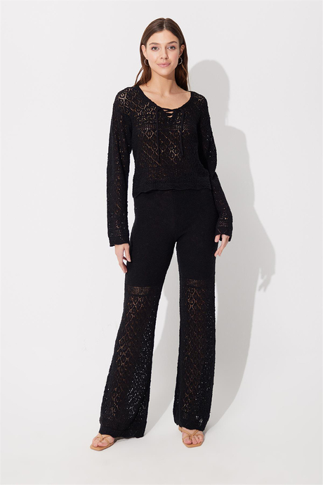 Black Knit Pattern Sweater Pants Set SWTK4557-58Sİ