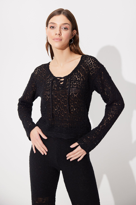 Black Knit Pattern Sweater Pants Set SWTK4557-58Sİ