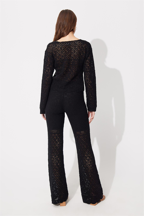 Black Knit Pattern Sweater Pants Set SWTK4557-58Sİ