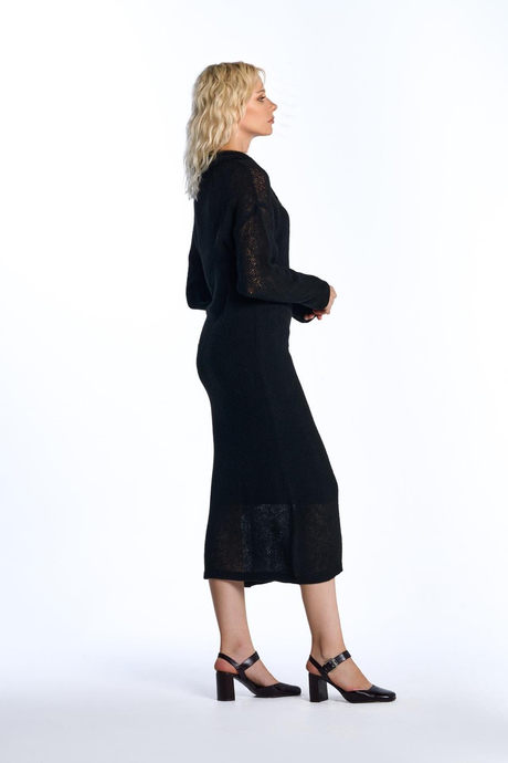 Siyah Transparan Triko Elbise