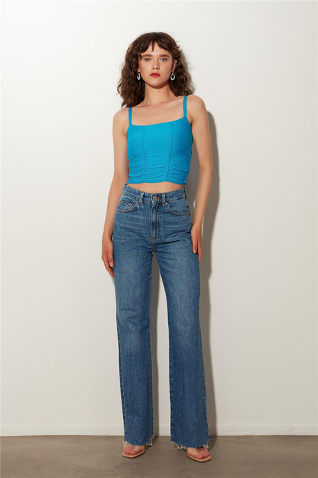 Turquois Pleated Square Collar Knitwear Vest SWA4641TUR