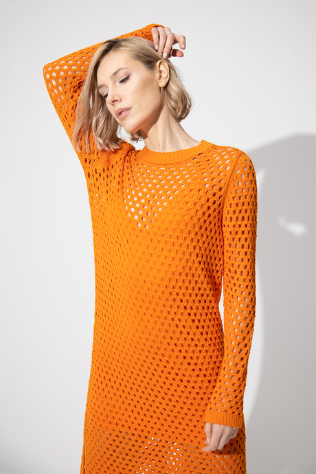 Turuncu Midi Boy Ajurlu Elbise SWD4679TU