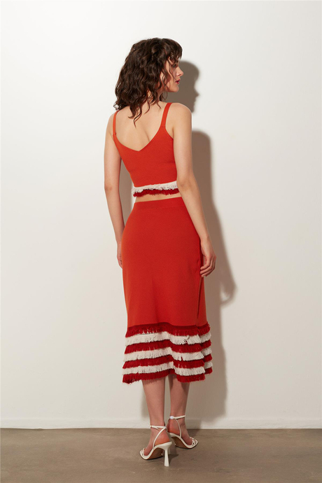 Turuncu Püsküllü Büstiyer Etek Triko Takım SWTK4680-81TU