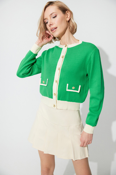 Yeşil Bisiklet Yaka Düğmeli Triko Hırka SWC4683YE