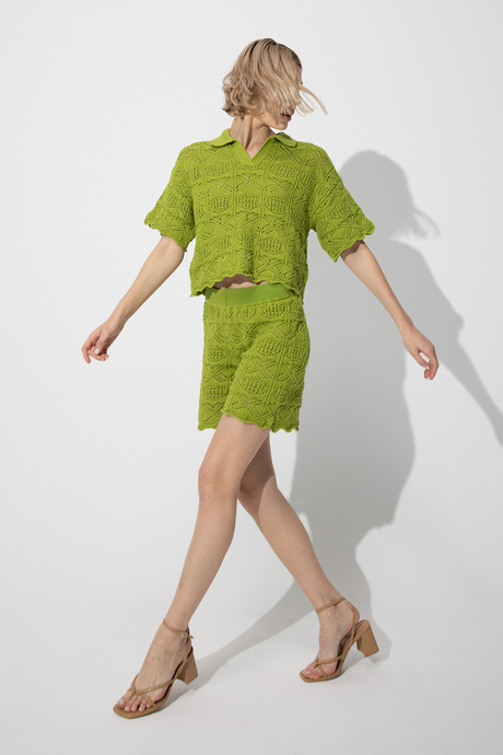 Yeşil Polo Yaka Kazak Şort Triko Takım SWTK4634-35YE