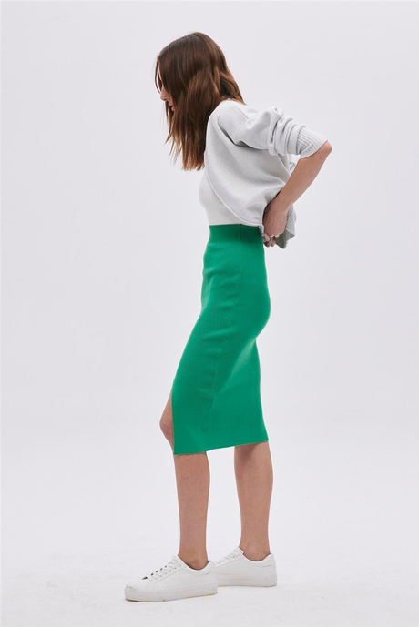 Green  Slit Midi knit Skirt SWS4649YE