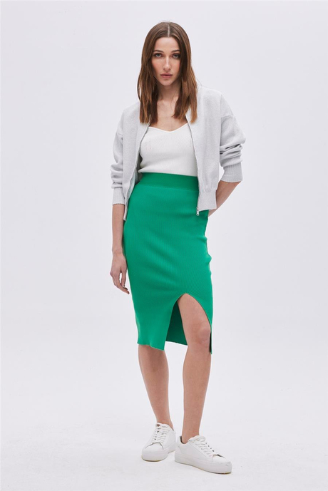 Green  Slit Midi knit Skirt SWS4649YE