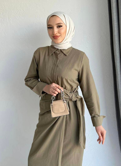 Bağlamalı Keten Elbise Haki