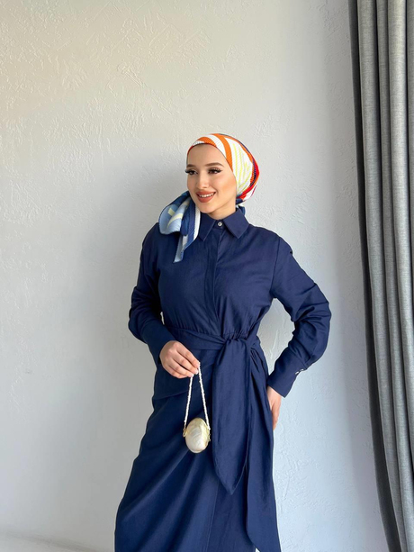 Bağlamalı Keten Elbise Lacivert