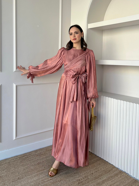 Bağlamalı Organze Elbise Pudra