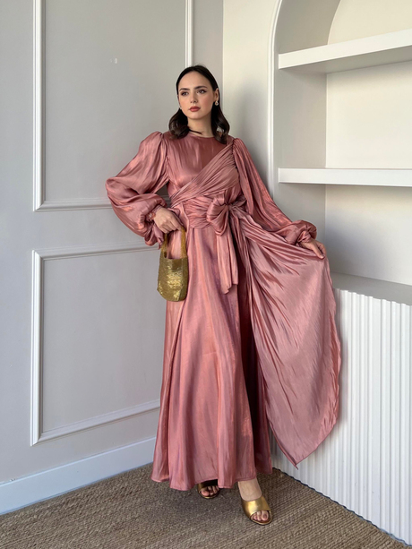 Bağlamalı Organze Elbise Pudra