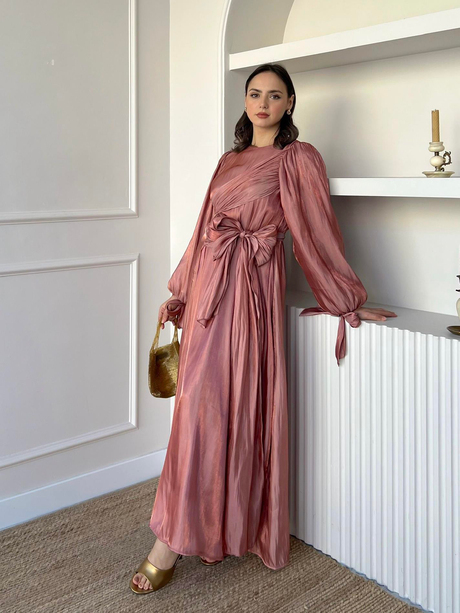 Bağlamalı Organze Elbise Pudra