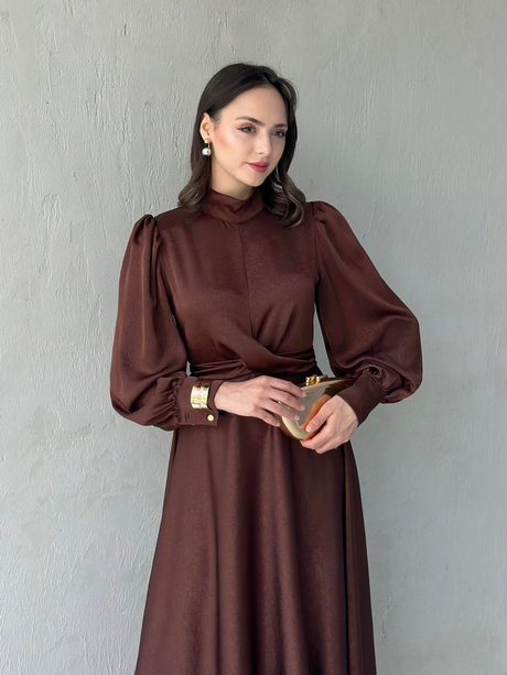 Bağlamalı Saten Elbise Kahverengi