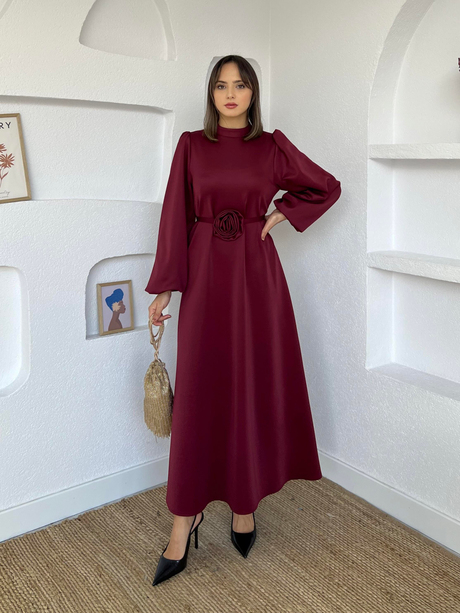 Balon Kol Gül Kemerli Scuba Elbise Bordo