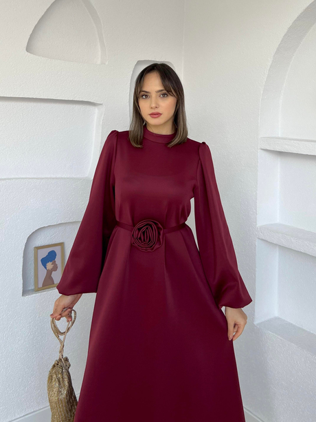 Balon Kol Gül Kemerli Scuba Elbise Bordo