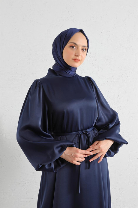 Balon Kol Saten Elbise Lacivert