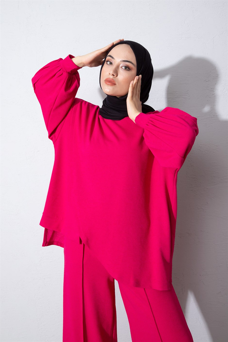 Balon Kol Triko Asimetrik Takım Pembe